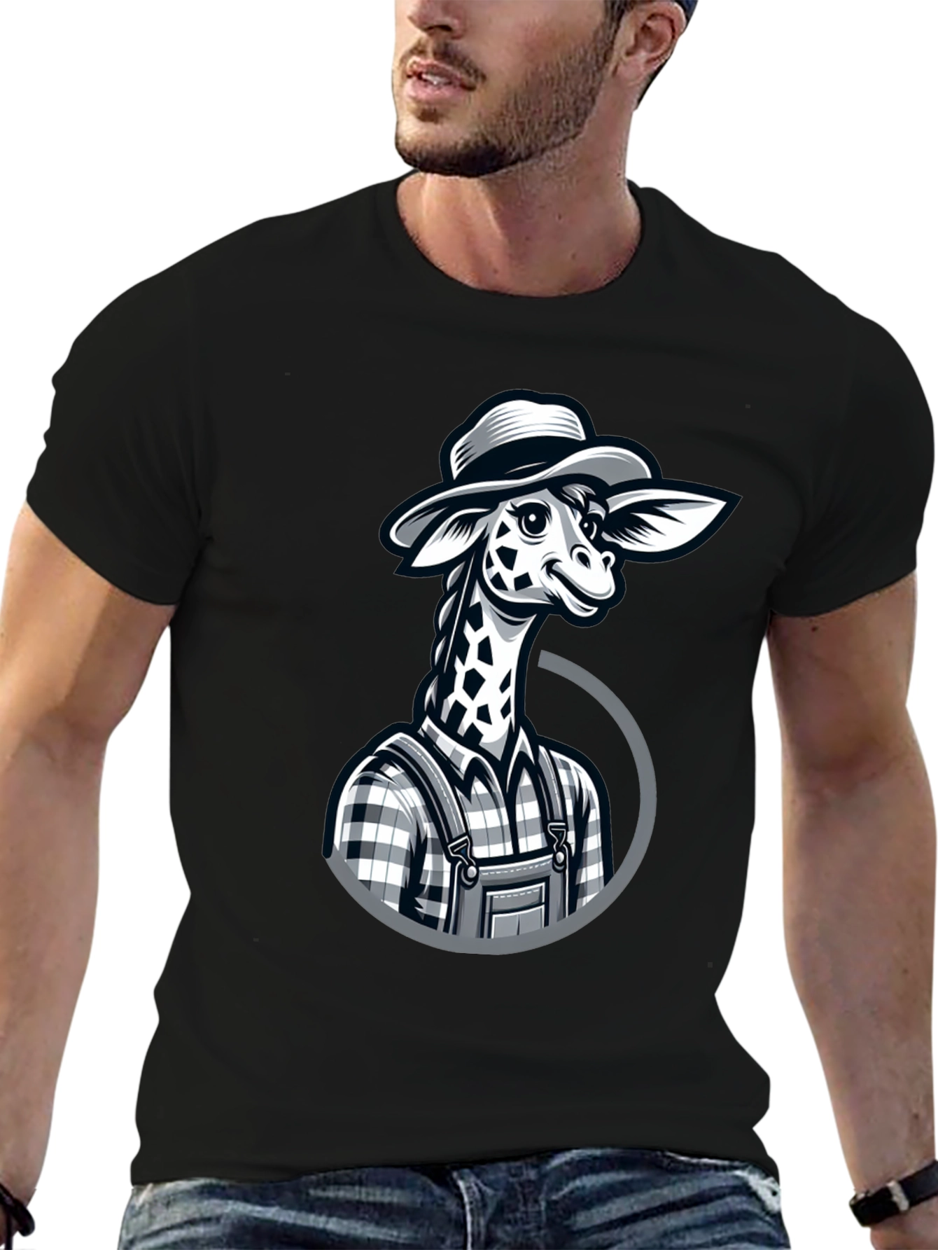 Black Giraffe Farmer Graphic Tee - Novelty Cartoon Animal Shirt view 6
