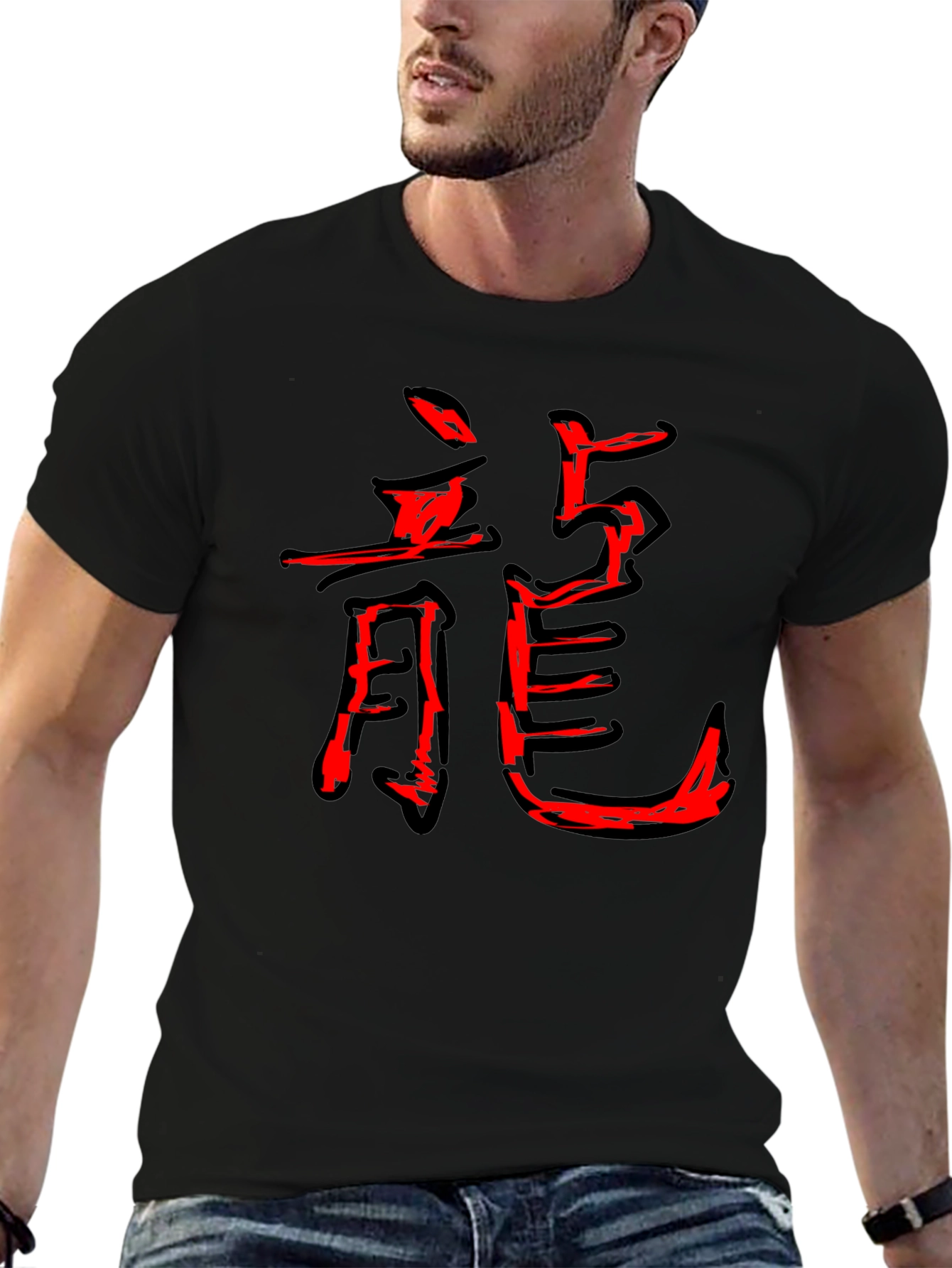 Black Men's Black T-Shirt with Red Dragon Symbol view 6
