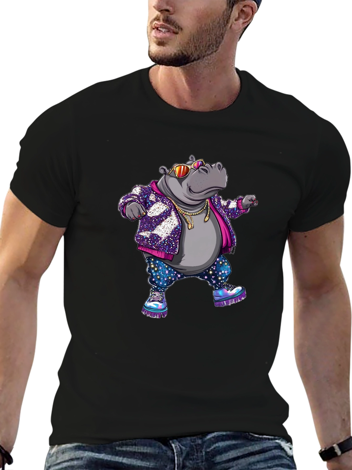 Black Cool Hippo Graphic T-Shirt view 6