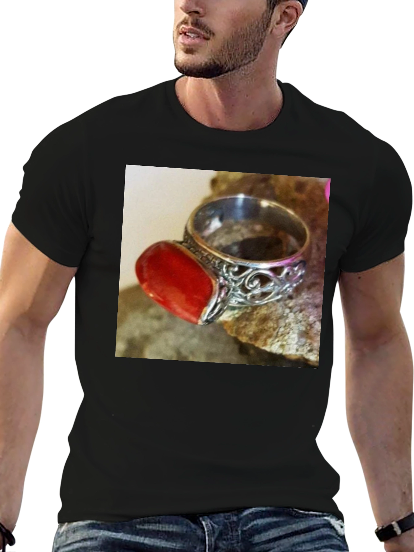 Black Coral Gemstone Ring on Black T-Shirt view 6