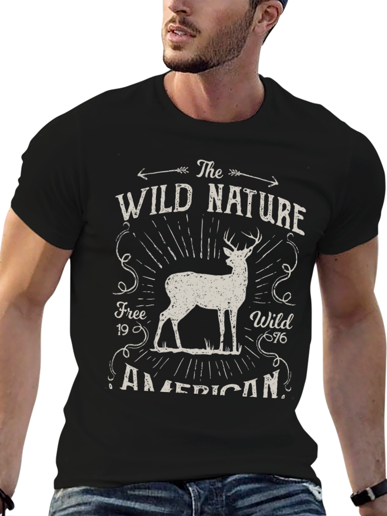 Black Wild Nature Graphic Tee - American Deer Print view 6