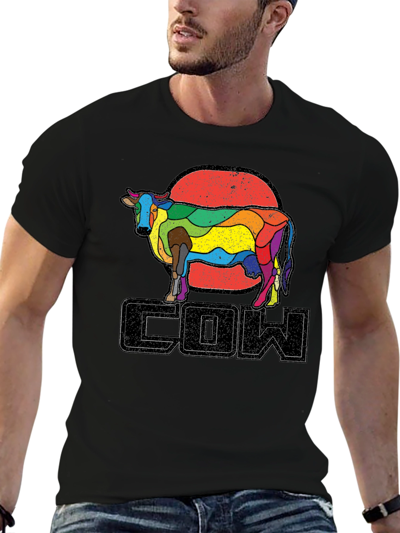 Black Retro Rainbow Cow Graphic T-Shirt view 6