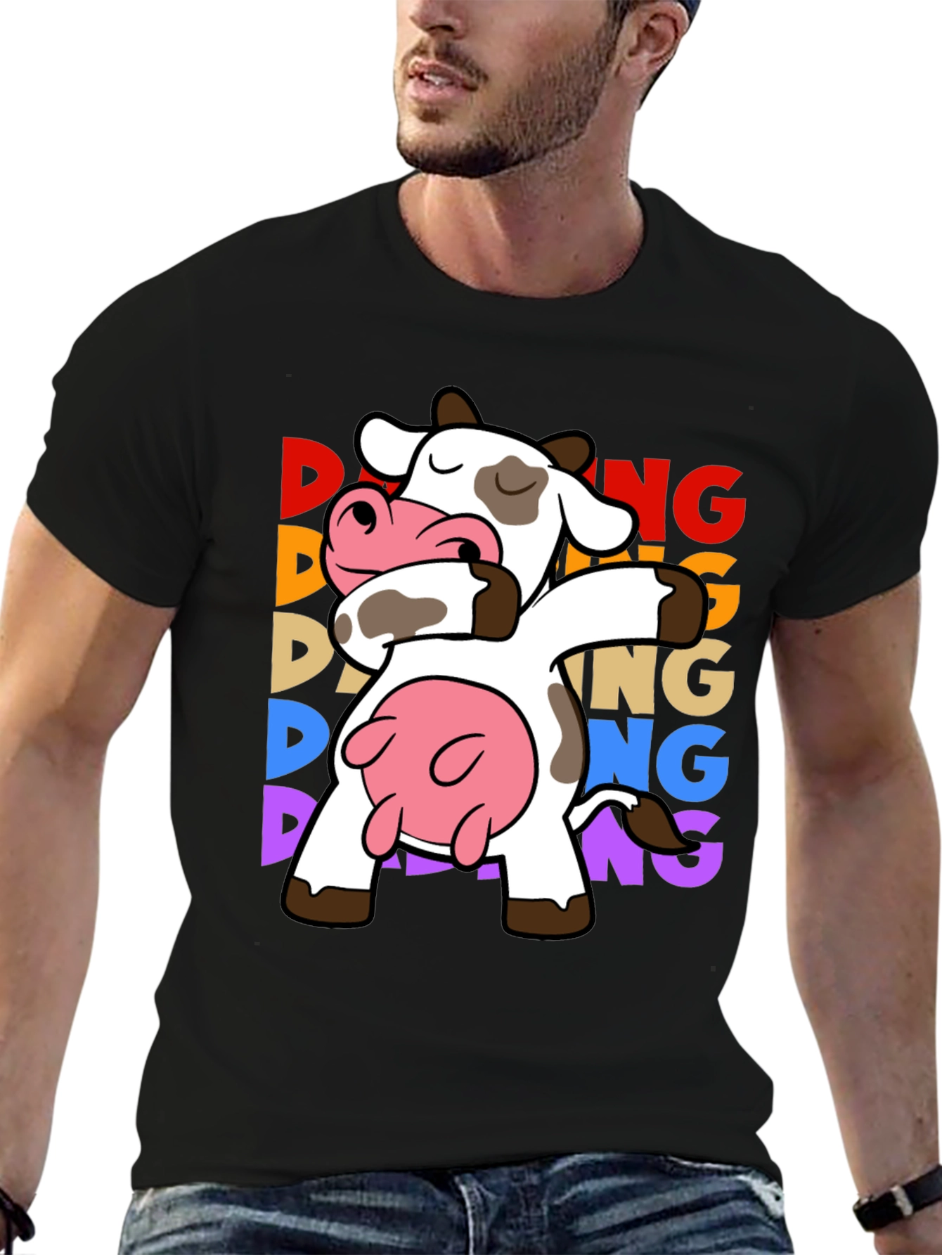 Black Dabbing Cow Graphic Tee - Funny Animal T-Shirt view 6