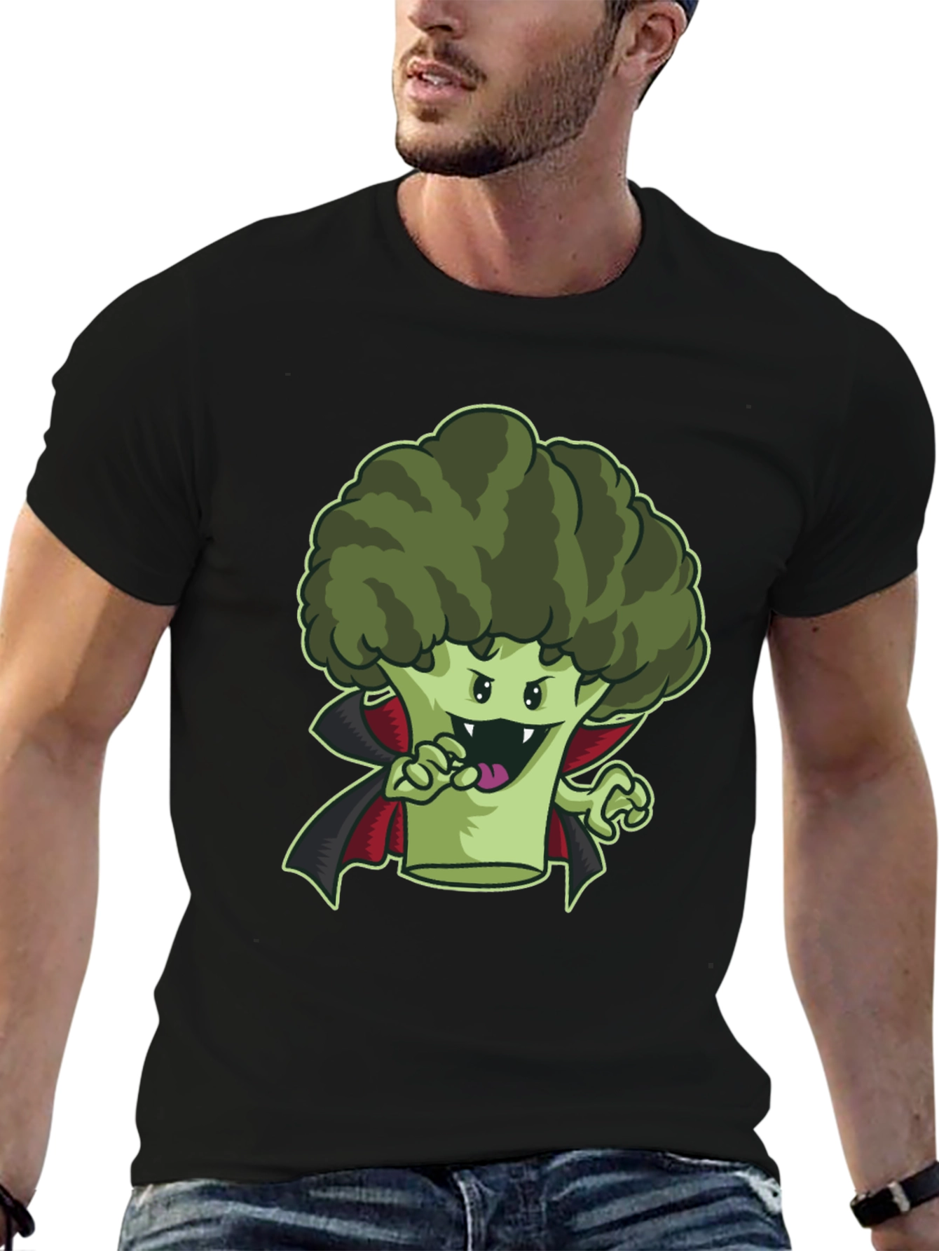 Black Broccoli Vampire Graphic Tee - Funny Halloween Shirt view 6