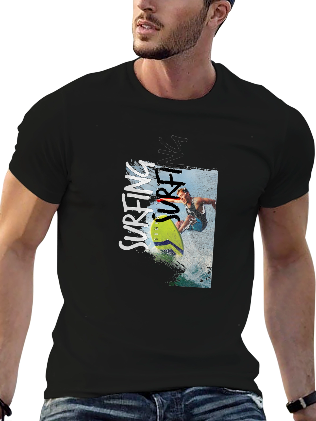 Black Surfing Graphic Print Tee - Black Cotton T-Shirt view 6