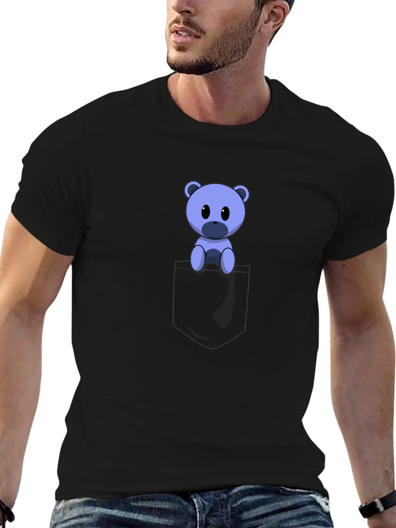 Black Cute Cartoon Bear in Pocket Black T-Shirt view 6