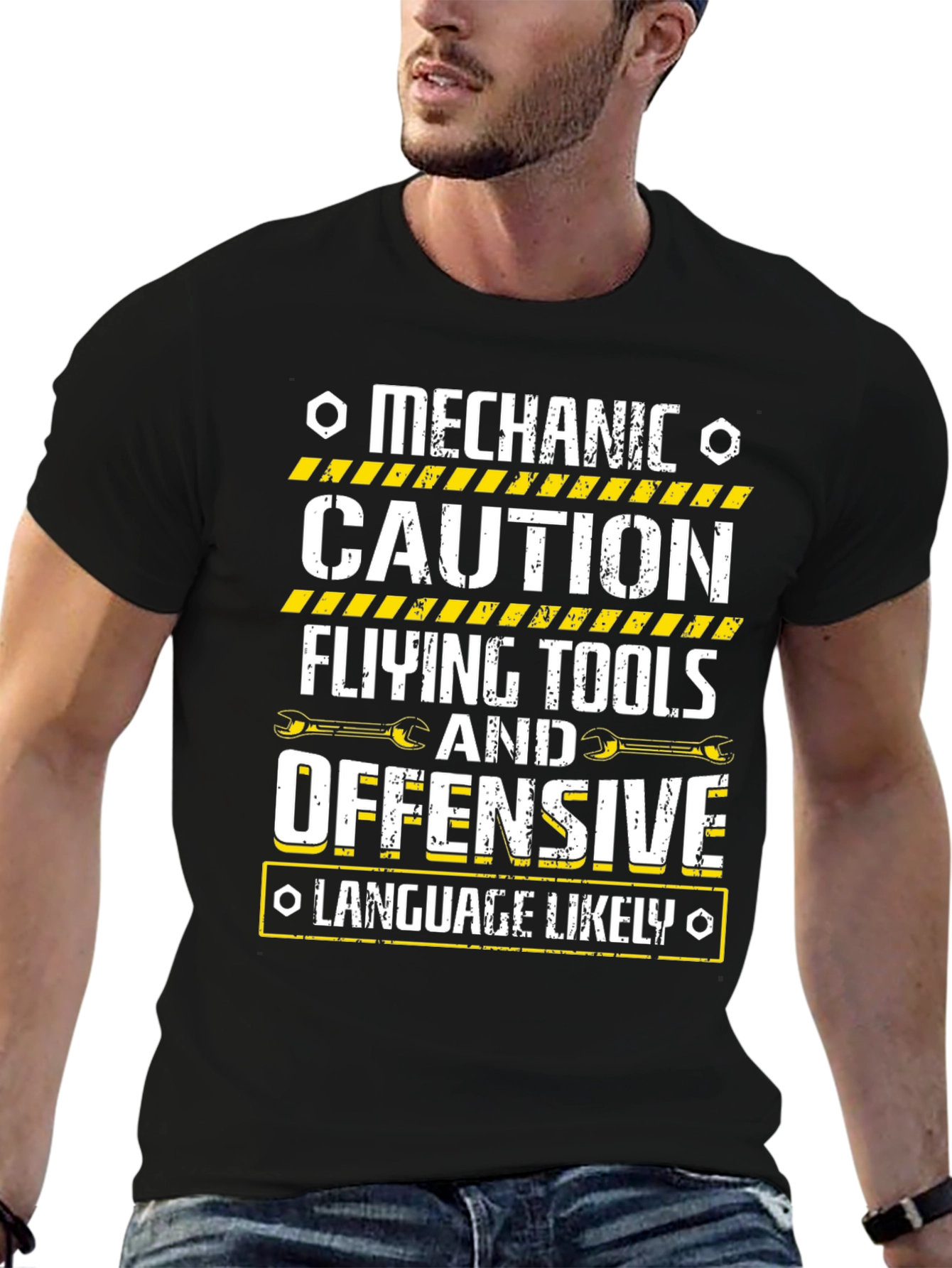 Black Mechanic Caution T-Shirt Funny Offensive Language view 6