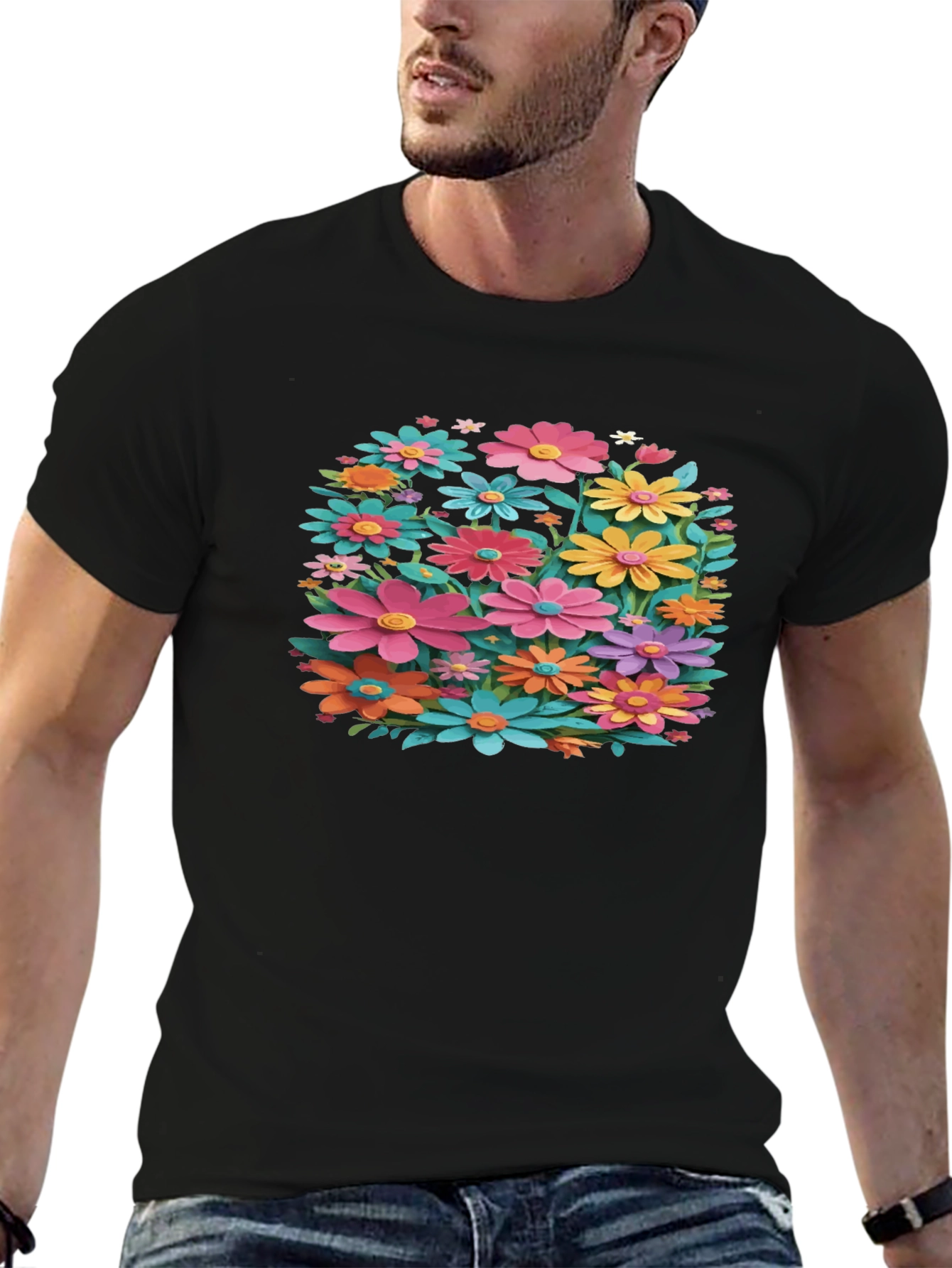 Black Floral T-Shirt - Black, Colorful Flower Design view 6