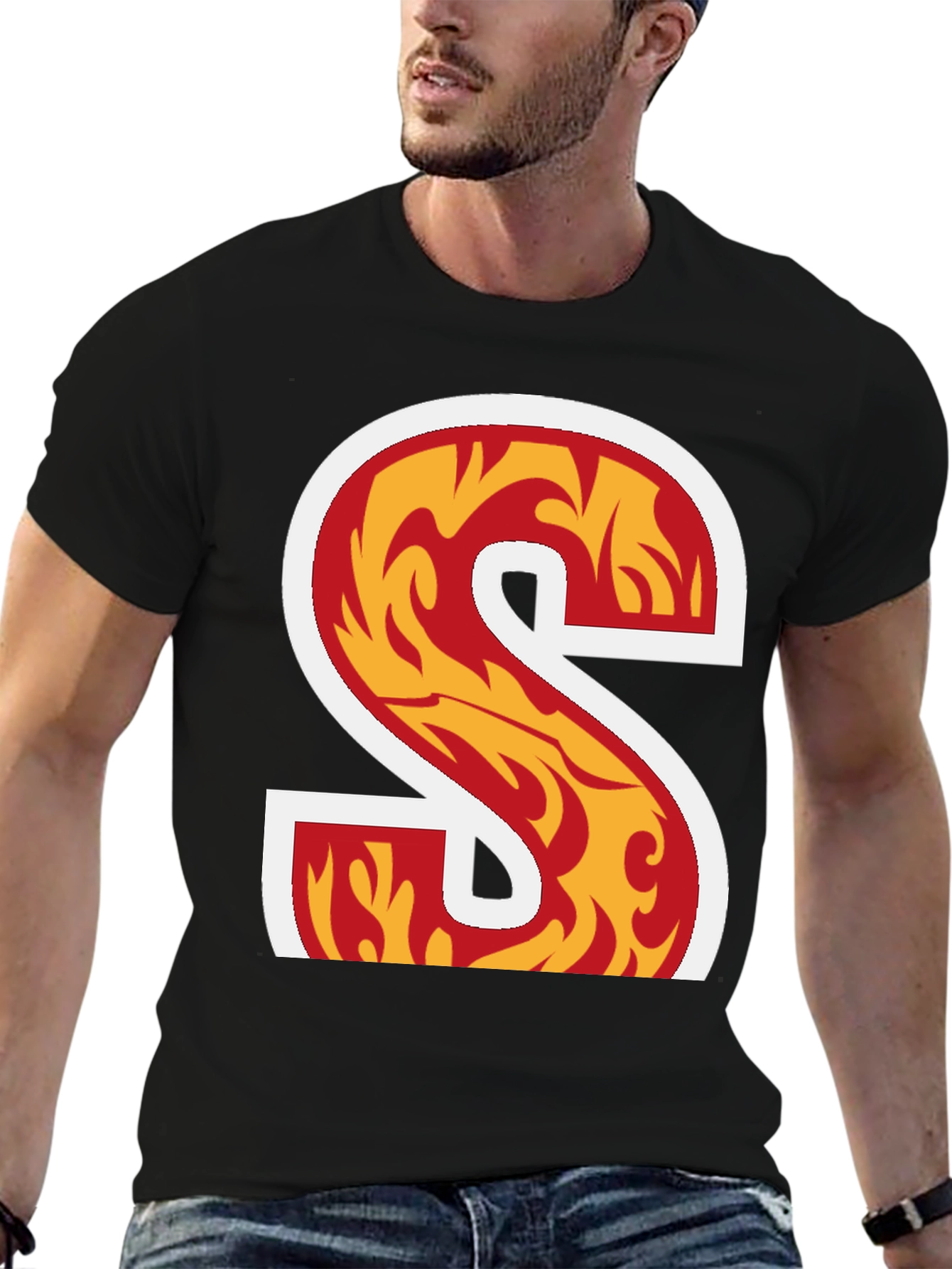 Black Fiery Letter S Graphic Tee - Bold Statement Shirt view 6