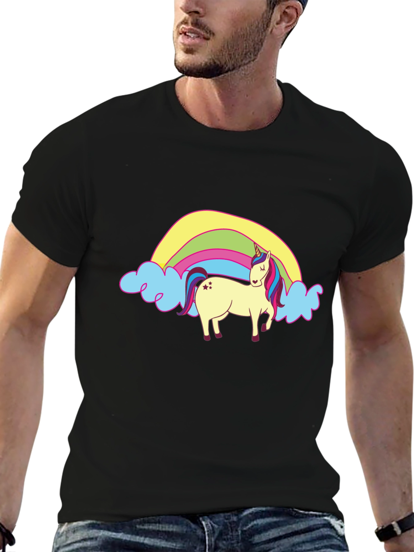 Black Unicorn & Rainbow Graphic Tee - Black Casual T-Shirt view 6