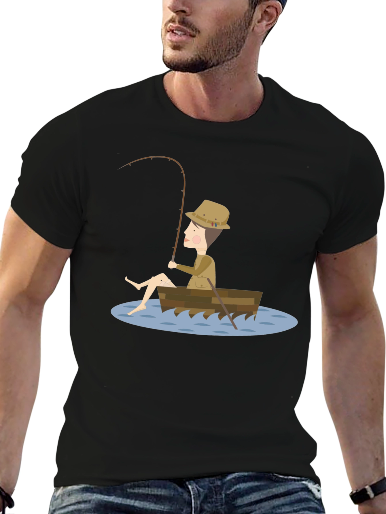 Black Fishing Cartoon Graphic Tee Shirt view 6