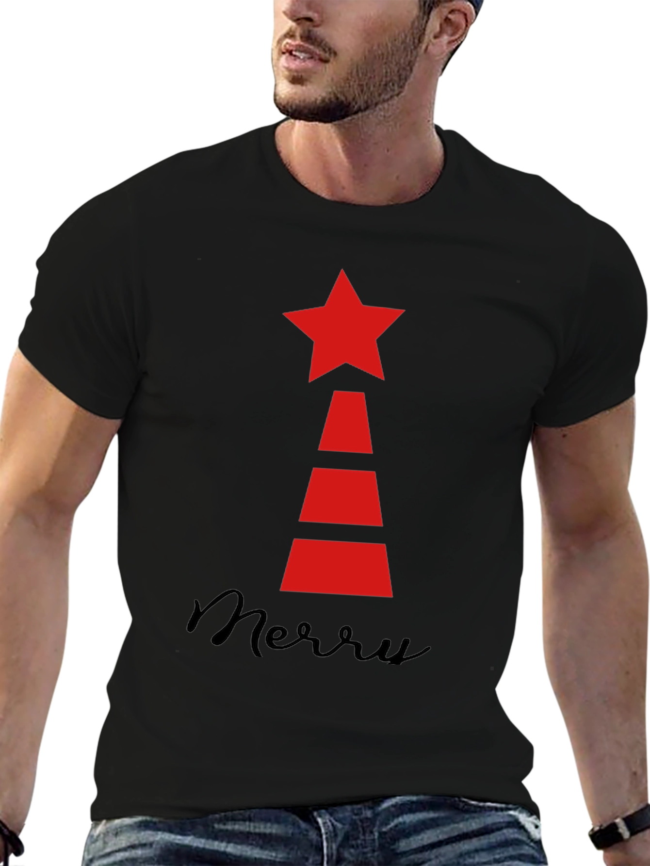 Black Festive Holiday Star Tree T-Shirt view 6