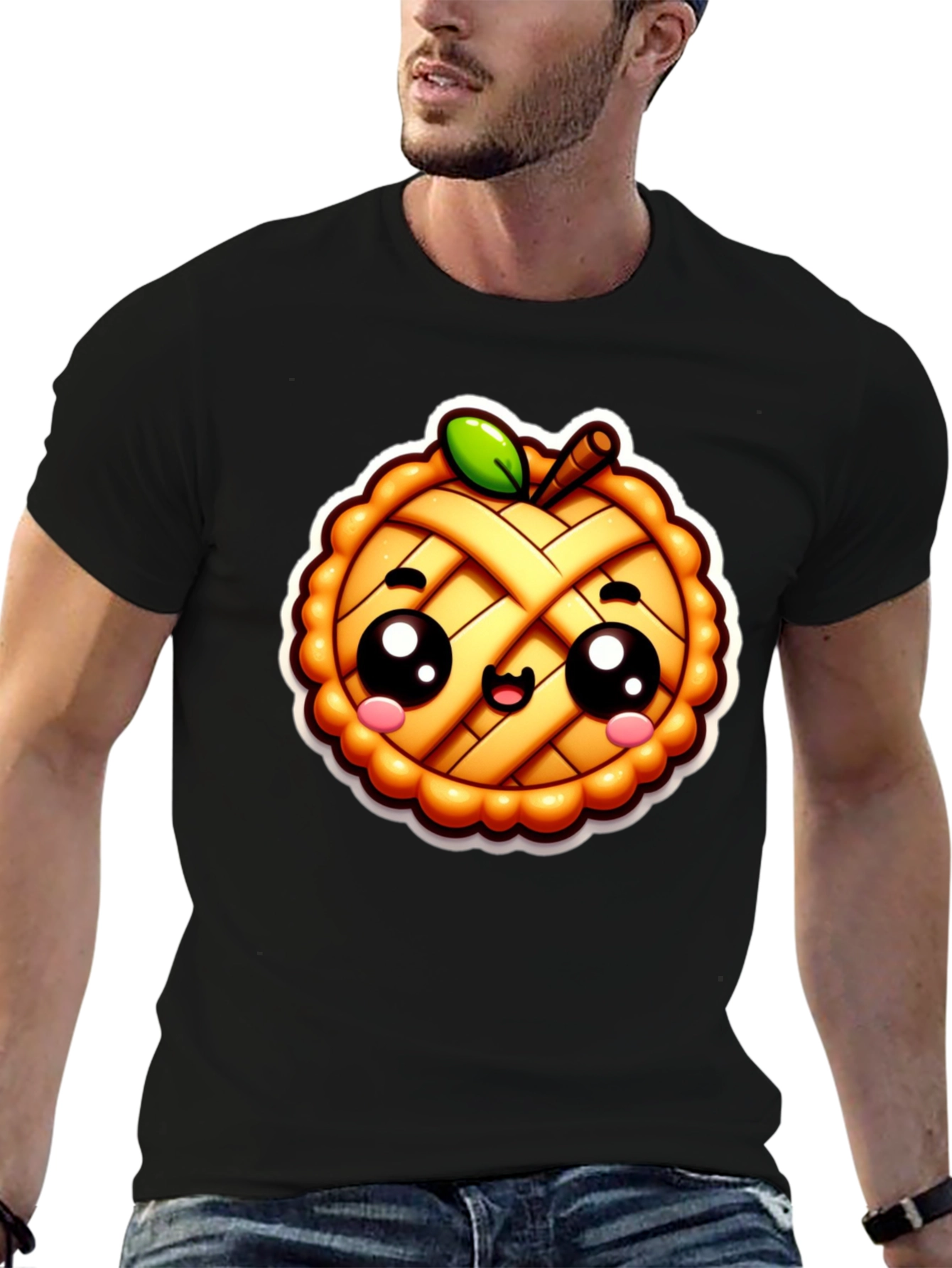 Black Cute Apple Pie Cartoon Black T-Shirt view 6