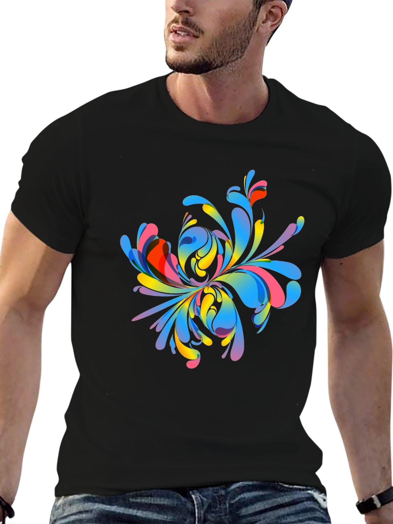 Black Colorful Abstract Floral Graphic Print T-Shirt view 6