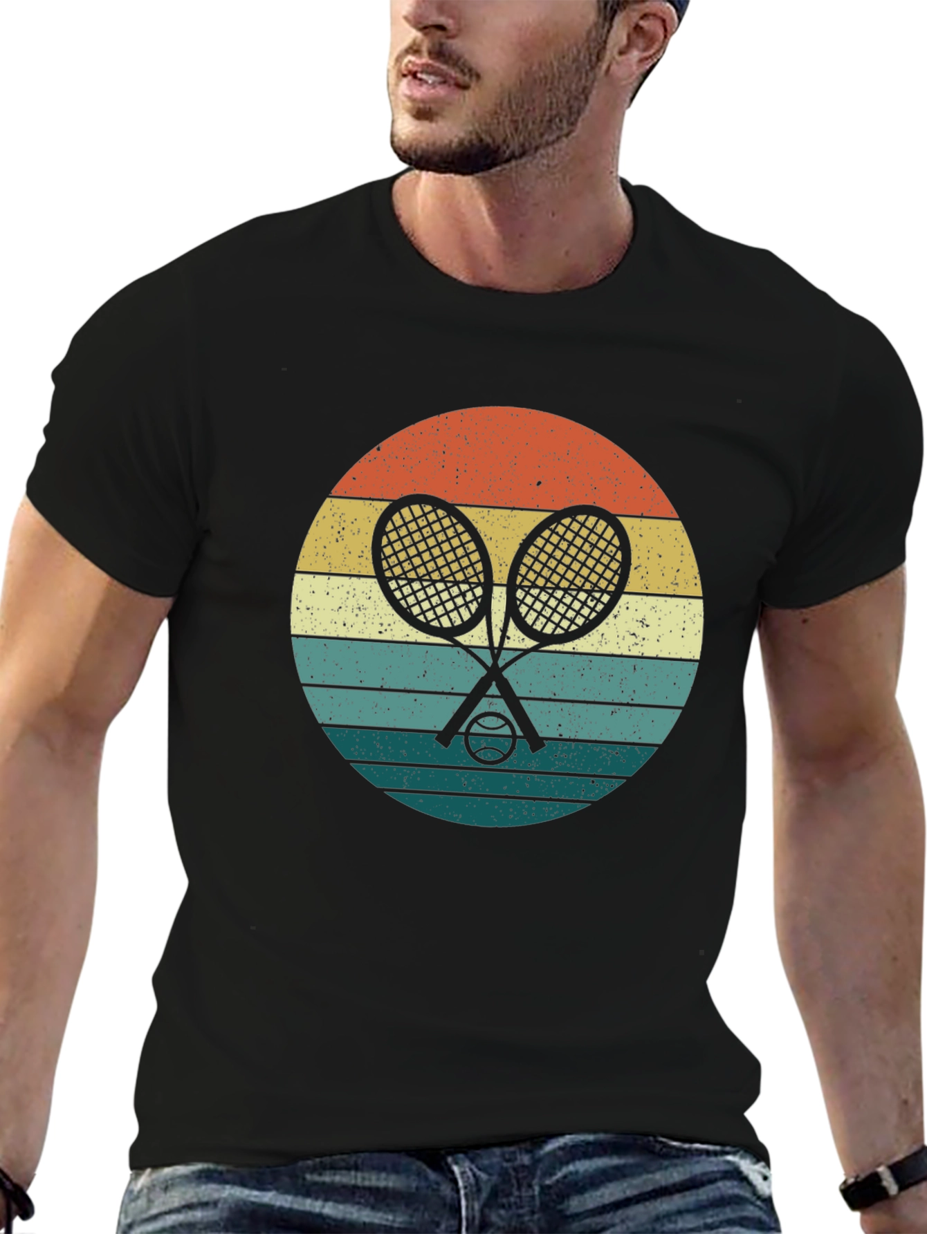 Black Retro Tennis Rackets & Ball Graphic T-Shirt view 6