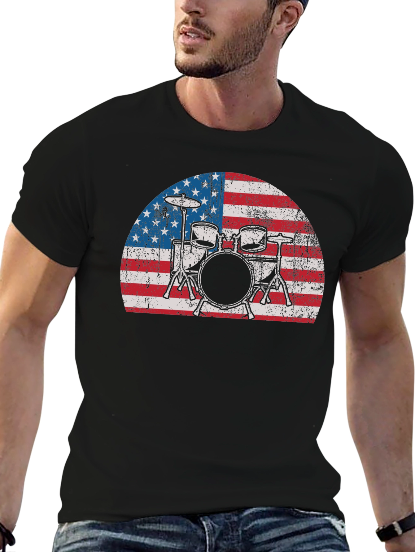 Black American Flag Drum Set T-Shirt view 6