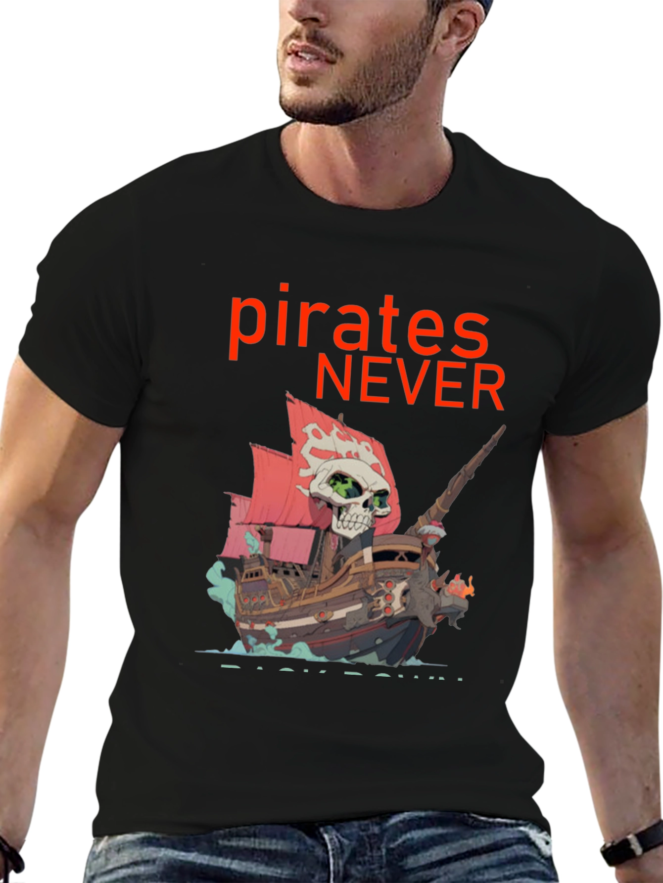 Black Pirates Never Back Down T-Shirt - Skull Ship Design view 6
