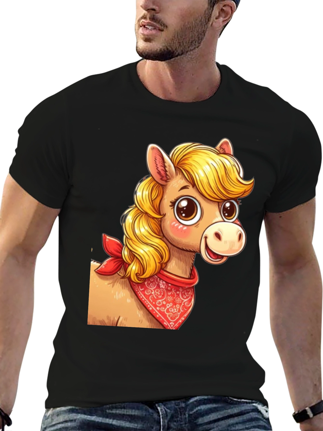 Black Cartoon Horse Bandana Graphic T-Shirt view 6