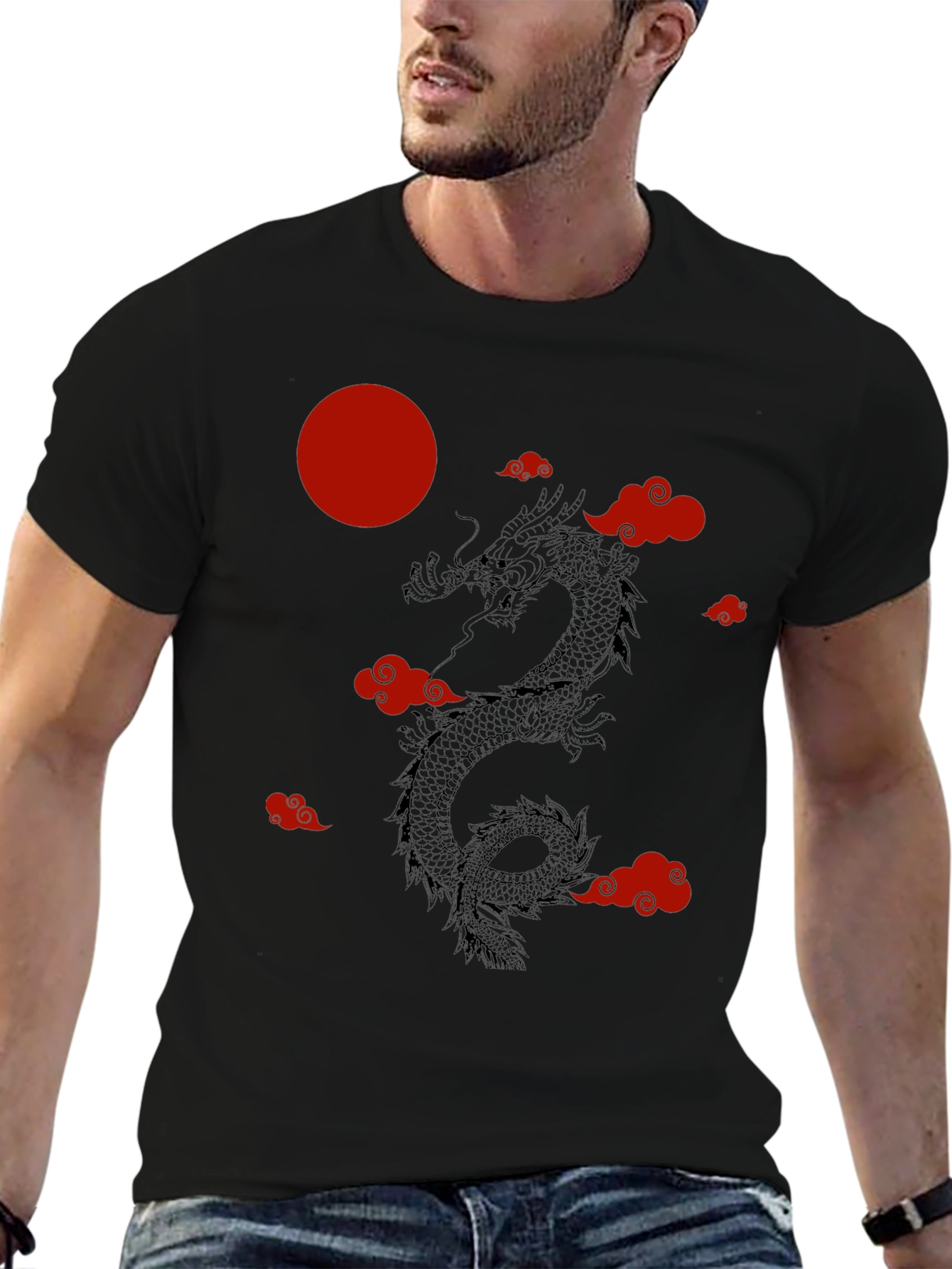 Black Dragon & Clouds Graphic Tee - Red Moon - Black Shirt view 6