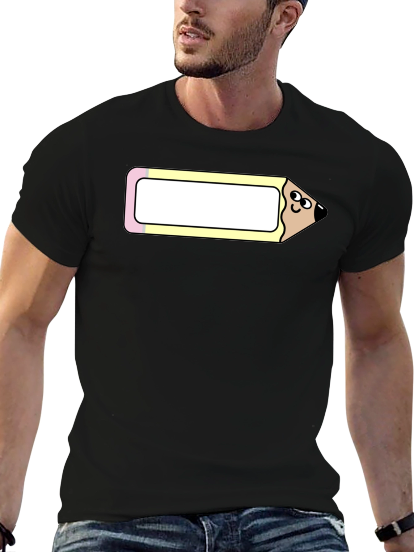 Black Funny Cartoon Pencil Graphic Tee view 6