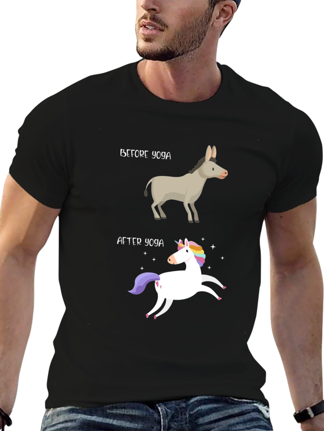 Black Yoga Humor T-Shirt - Donkey to Unicorn Transformation view 6