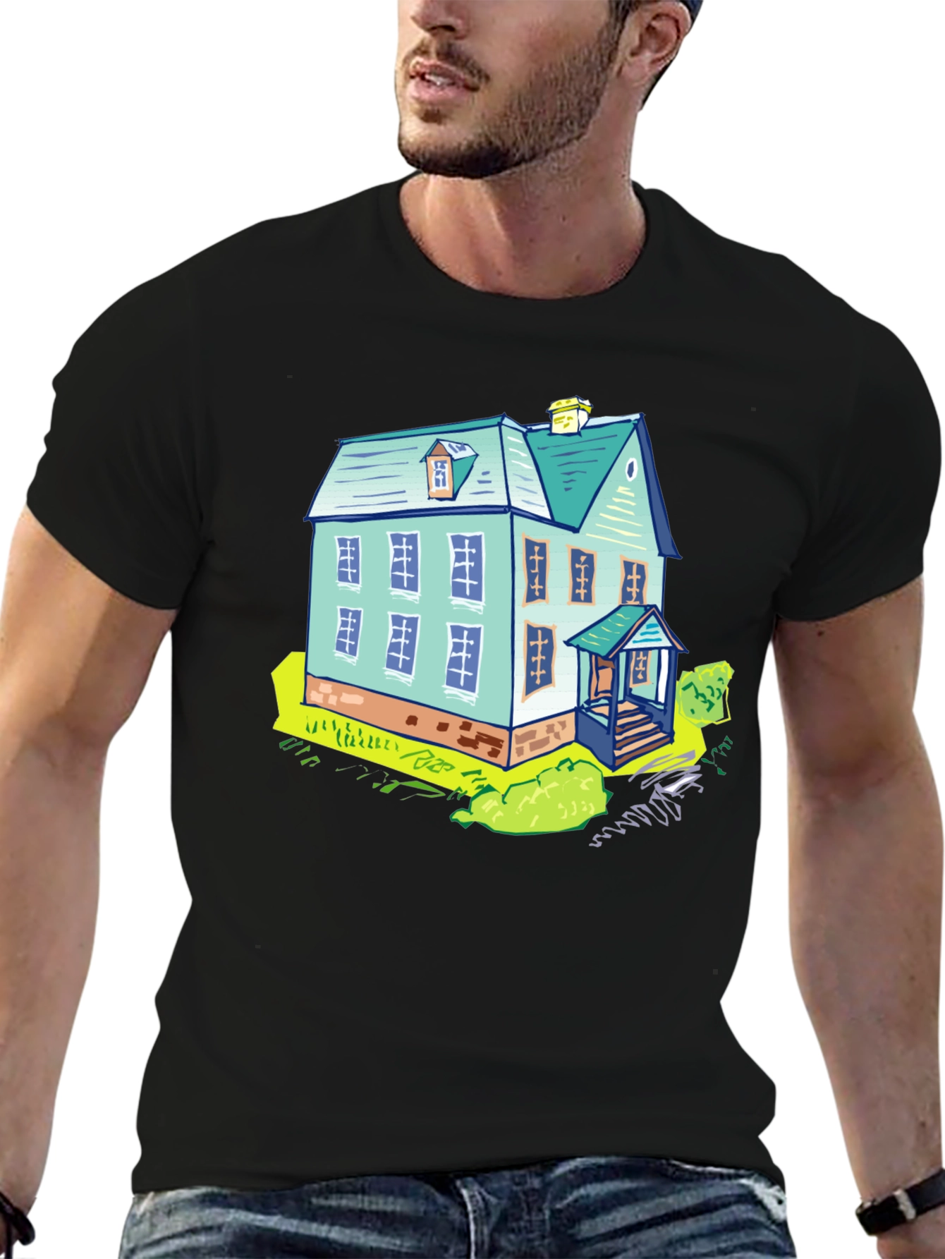 Black Cartoon House Graphic Tee - Black Cotton T-Shirt view 6