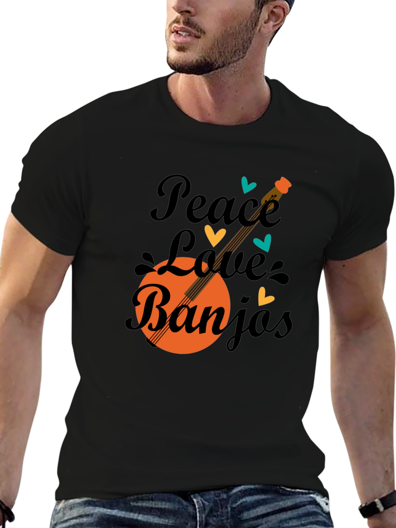 Black Peace Love Banjos T-Shirt - Black view 6