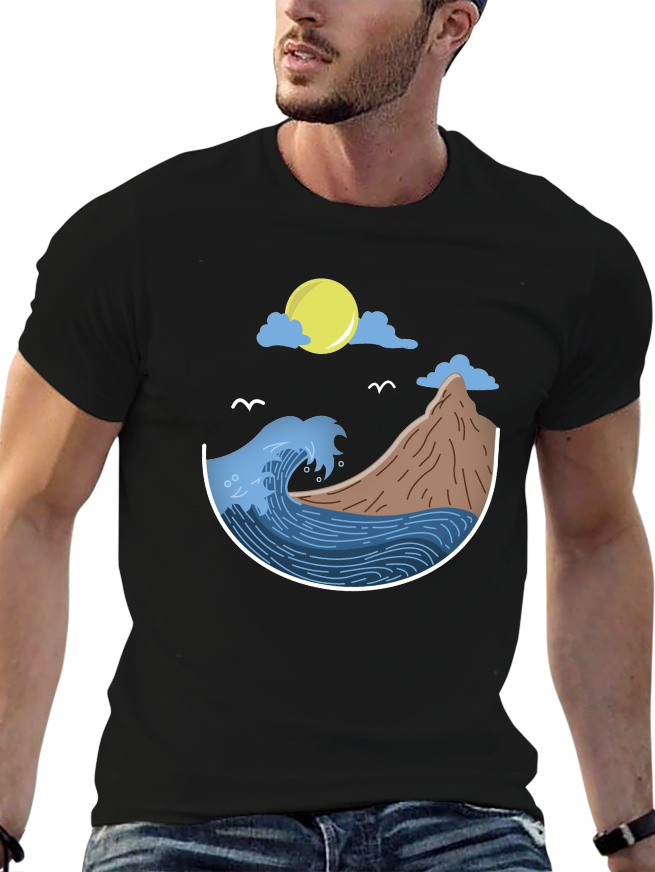 Black Ocean Scene Graphic T-Shirt - Black view 6