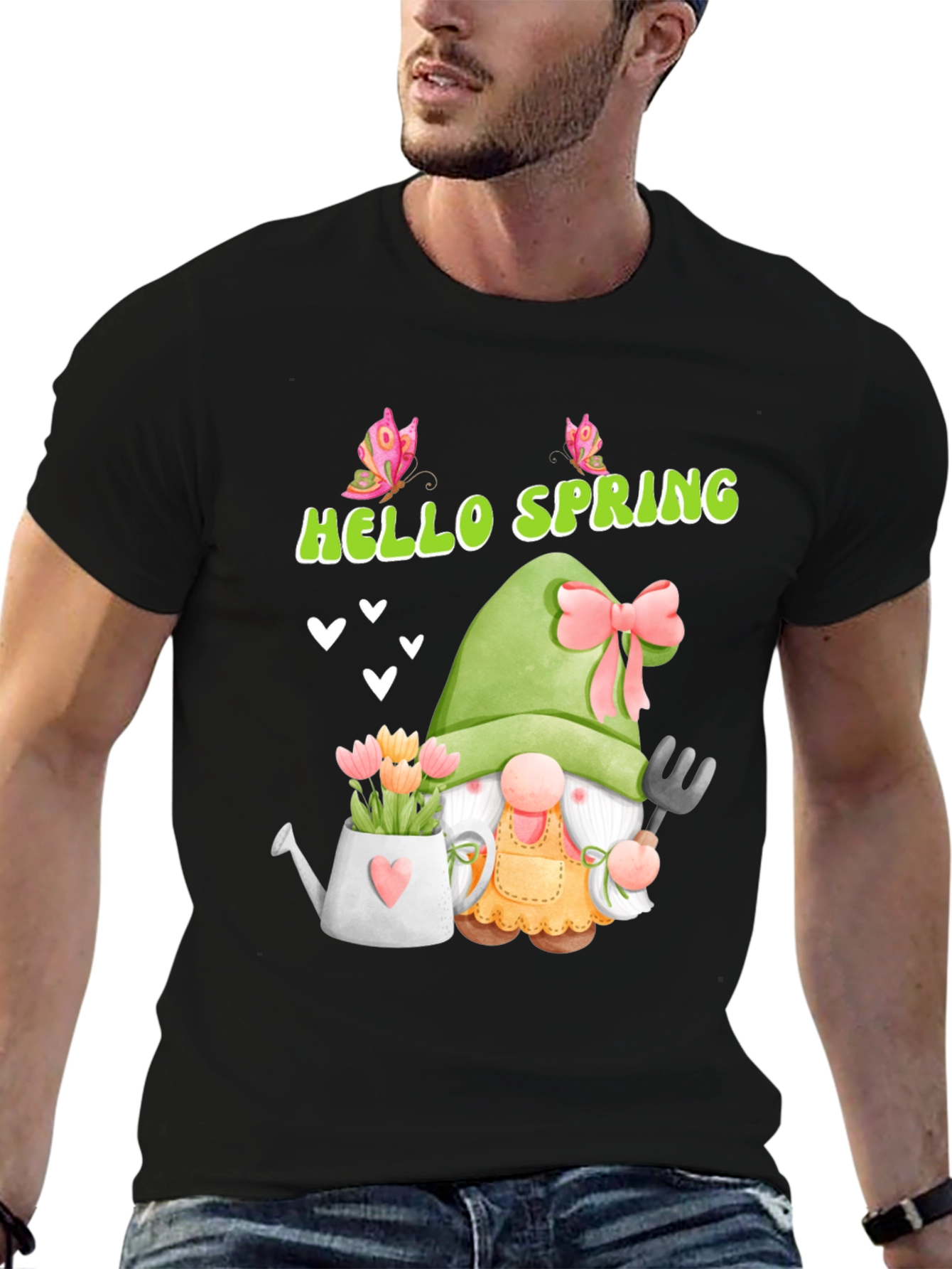 Black Hello Spring Garden Gnome T-Shirt view 6