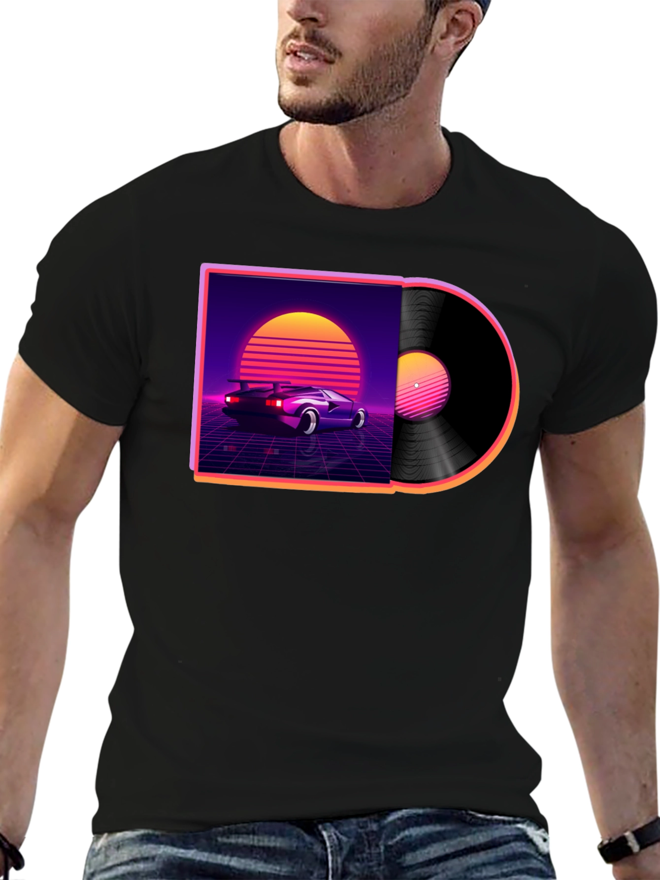 Black Retro Wave Vinyl T-Shirt - Classic Car Design view 6