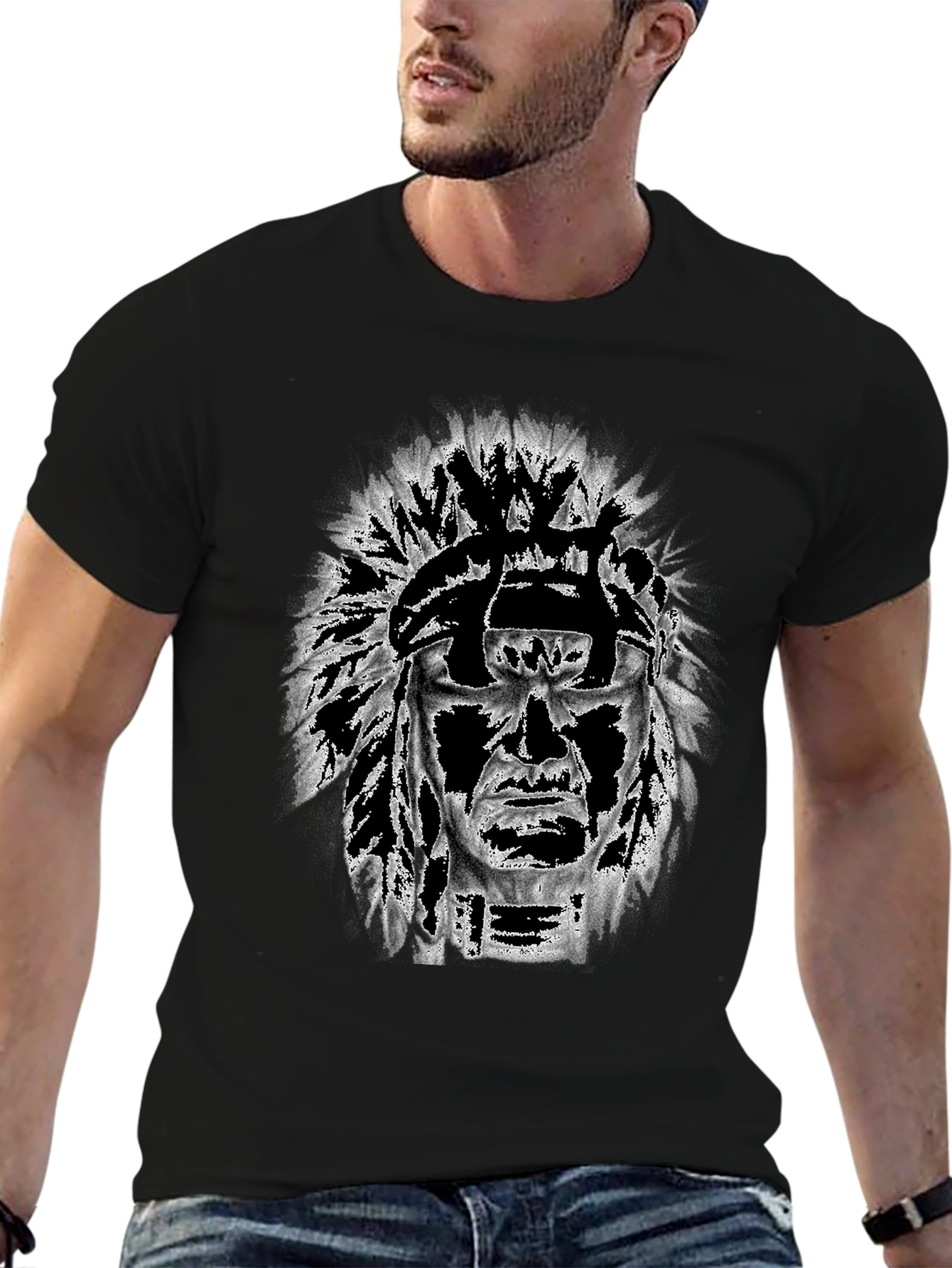 Black Graphic Tee: Native American Headdress Design view 6
