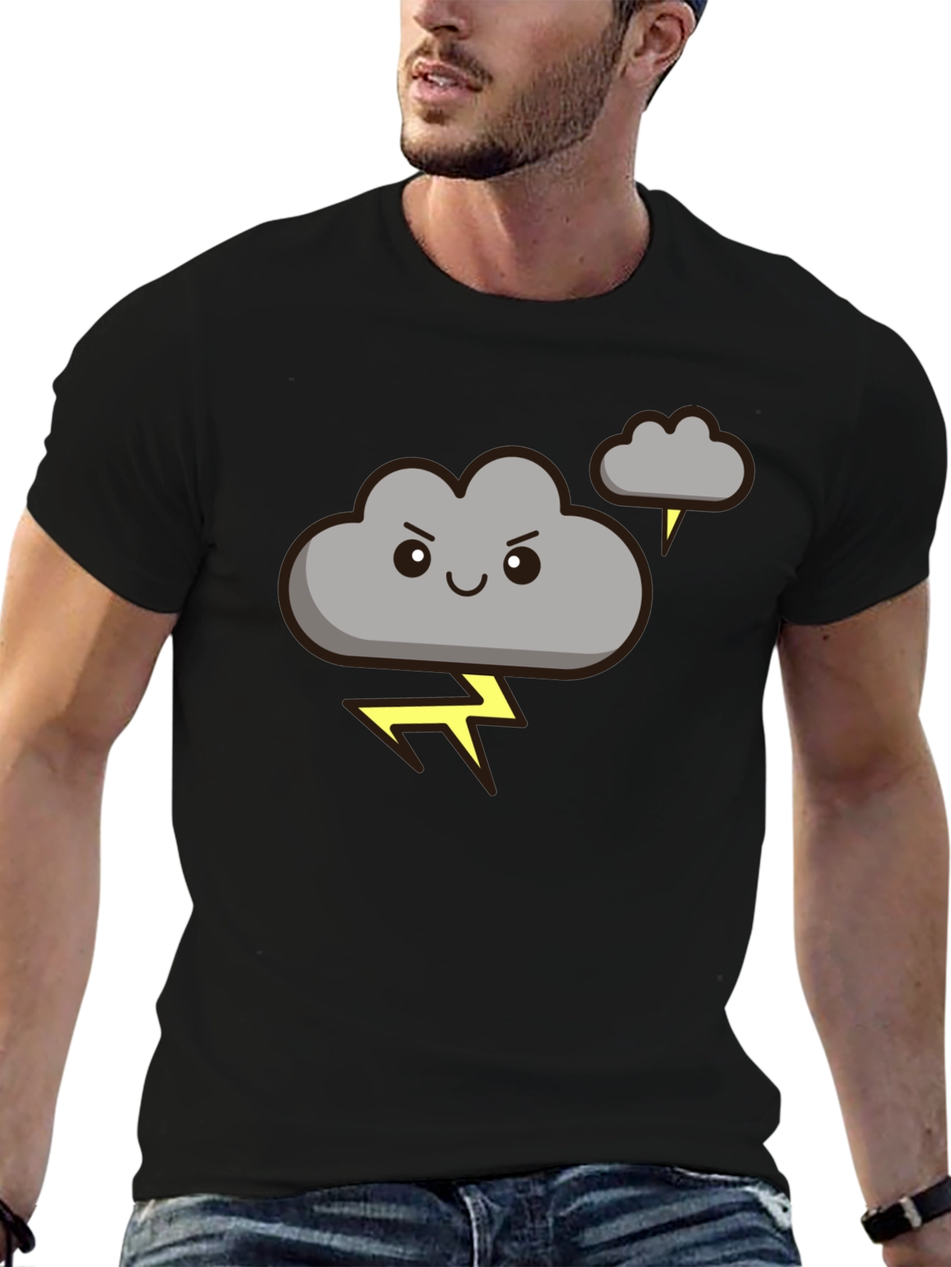 Black Cartoon Cloud Lightning Graphic Tee - Black view 6