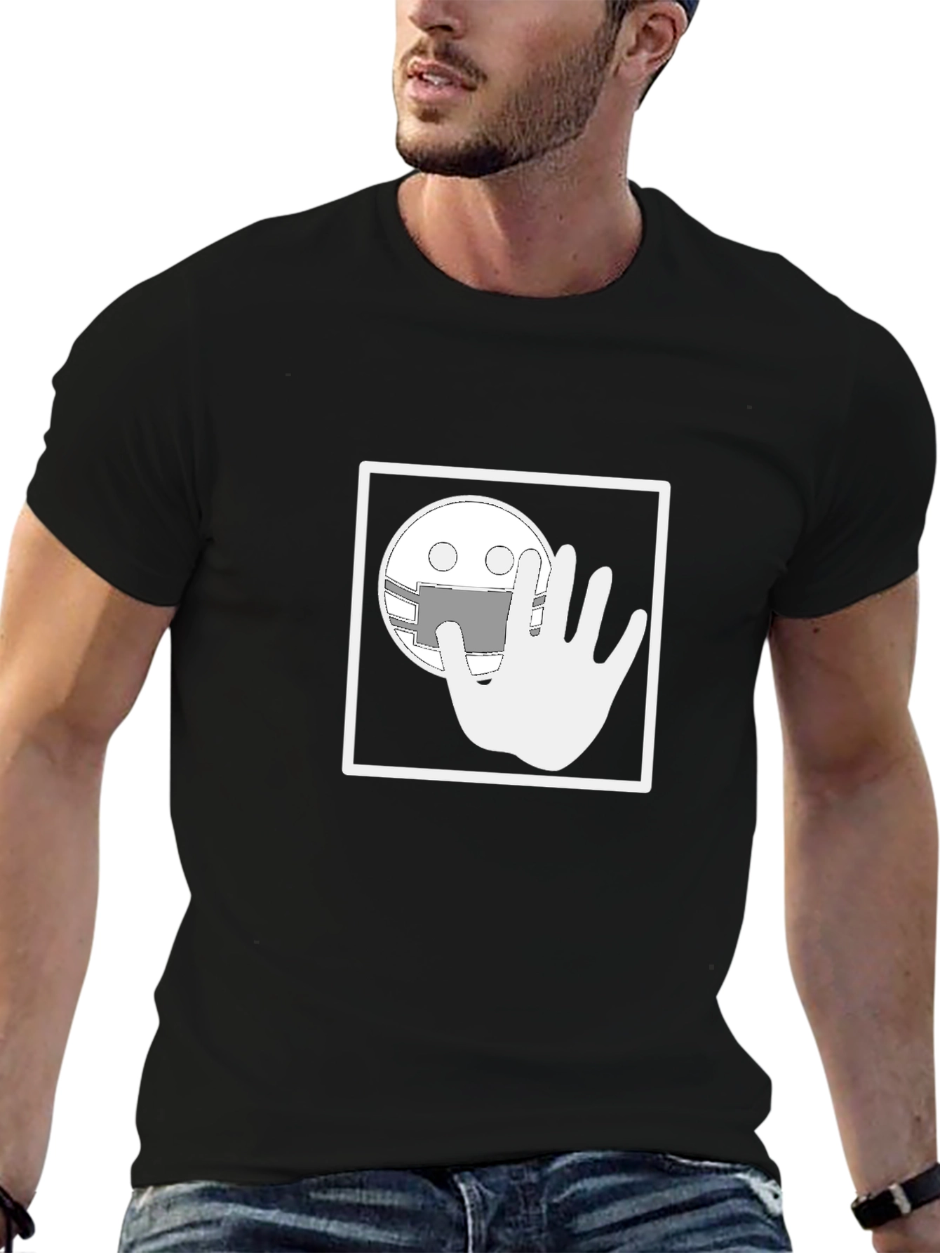Black Black Graphic T-Shirt - Masked Smiley with Hand view 6