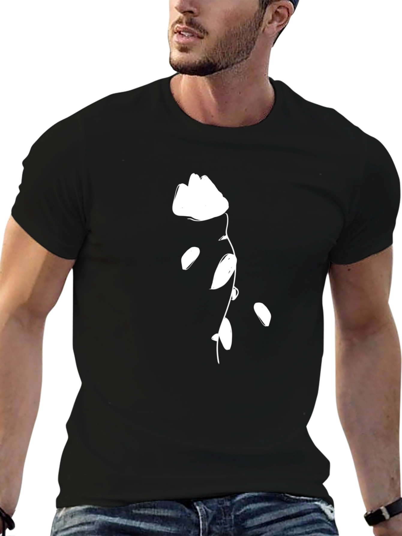 Black Black T-Shirt with White Flower Design view 6