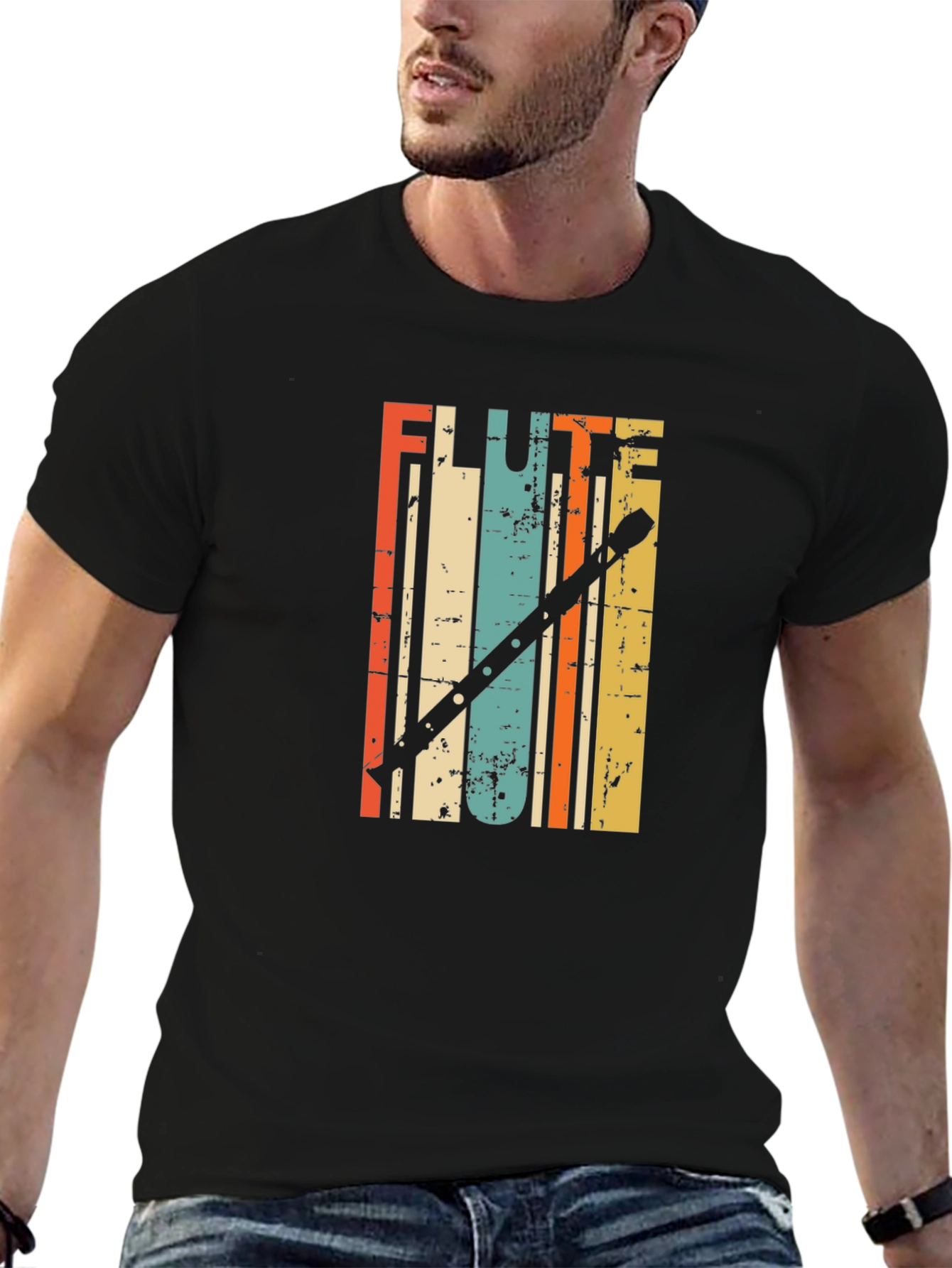 Black Retro Flute Player T-Shirt - Vintage Style Tee view 6