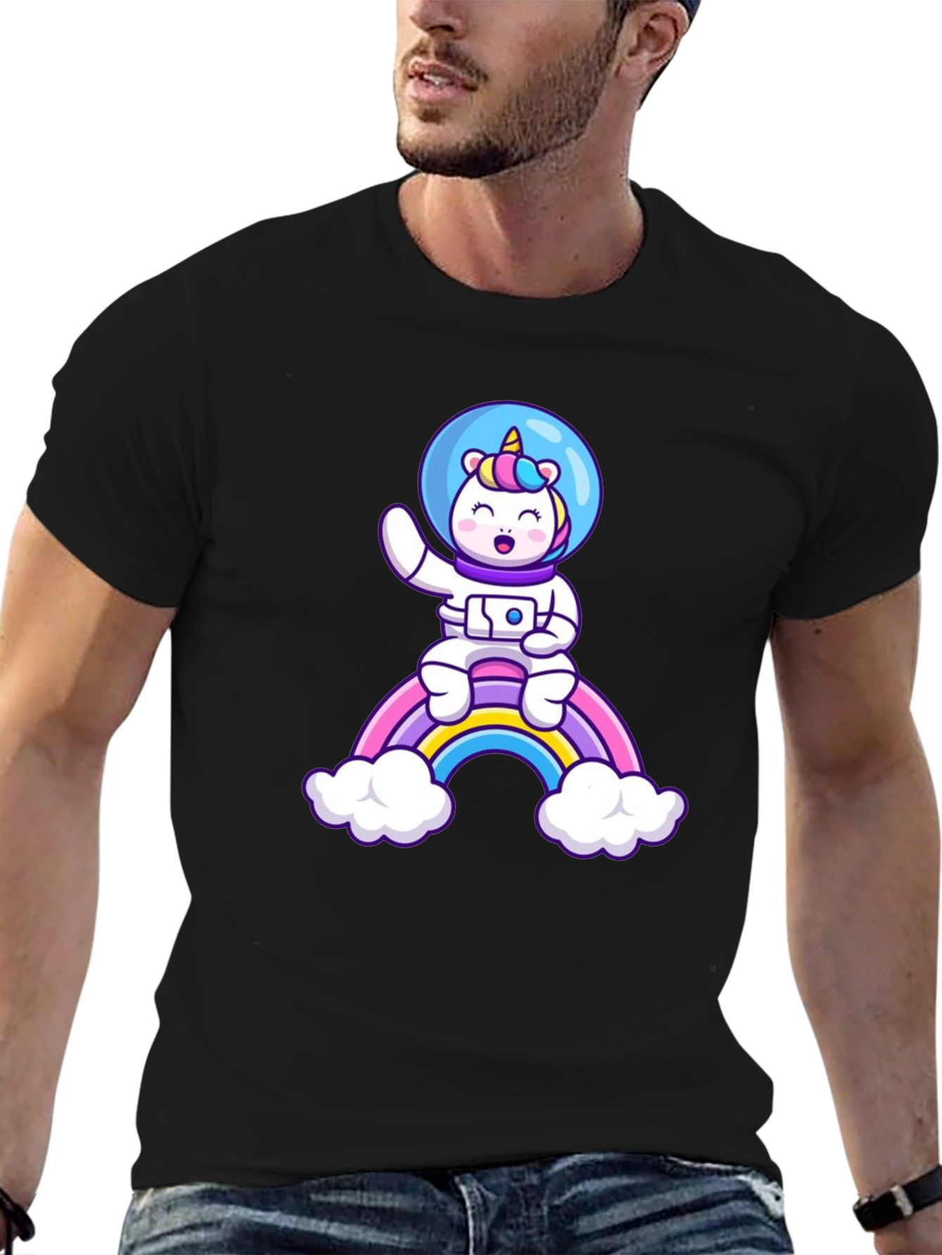 Black Unicorn Astronaut Rainbow T-Shirt view 6