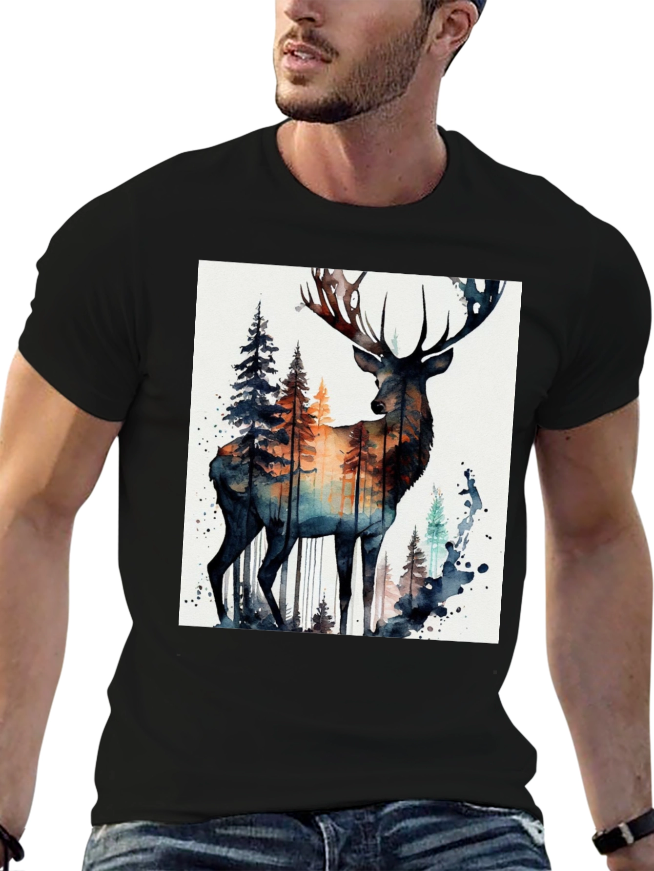Black Deer Forest Watercolor Graphic Tee view 6