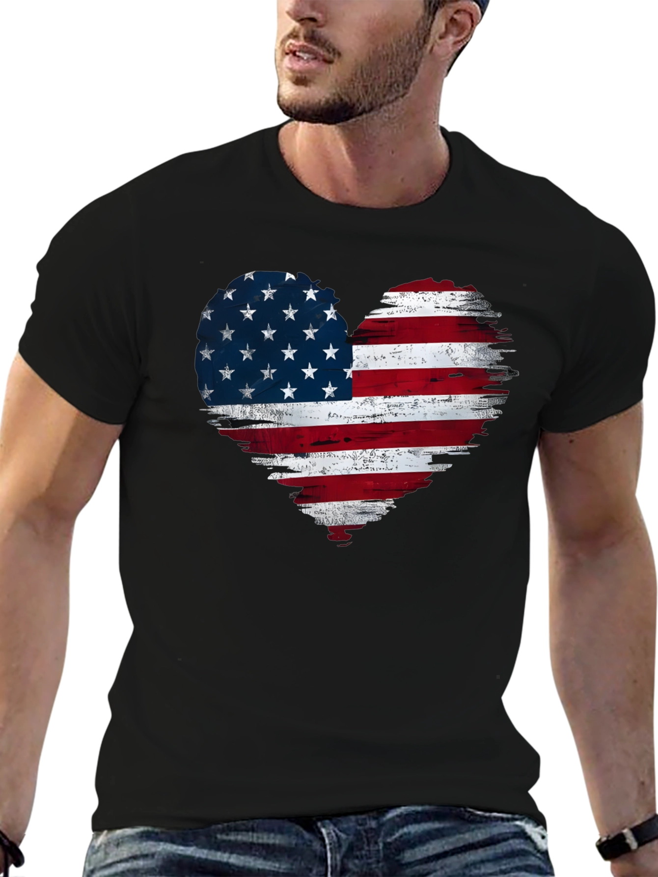 Black American Flag Heart Graphic T-Shirt view 6