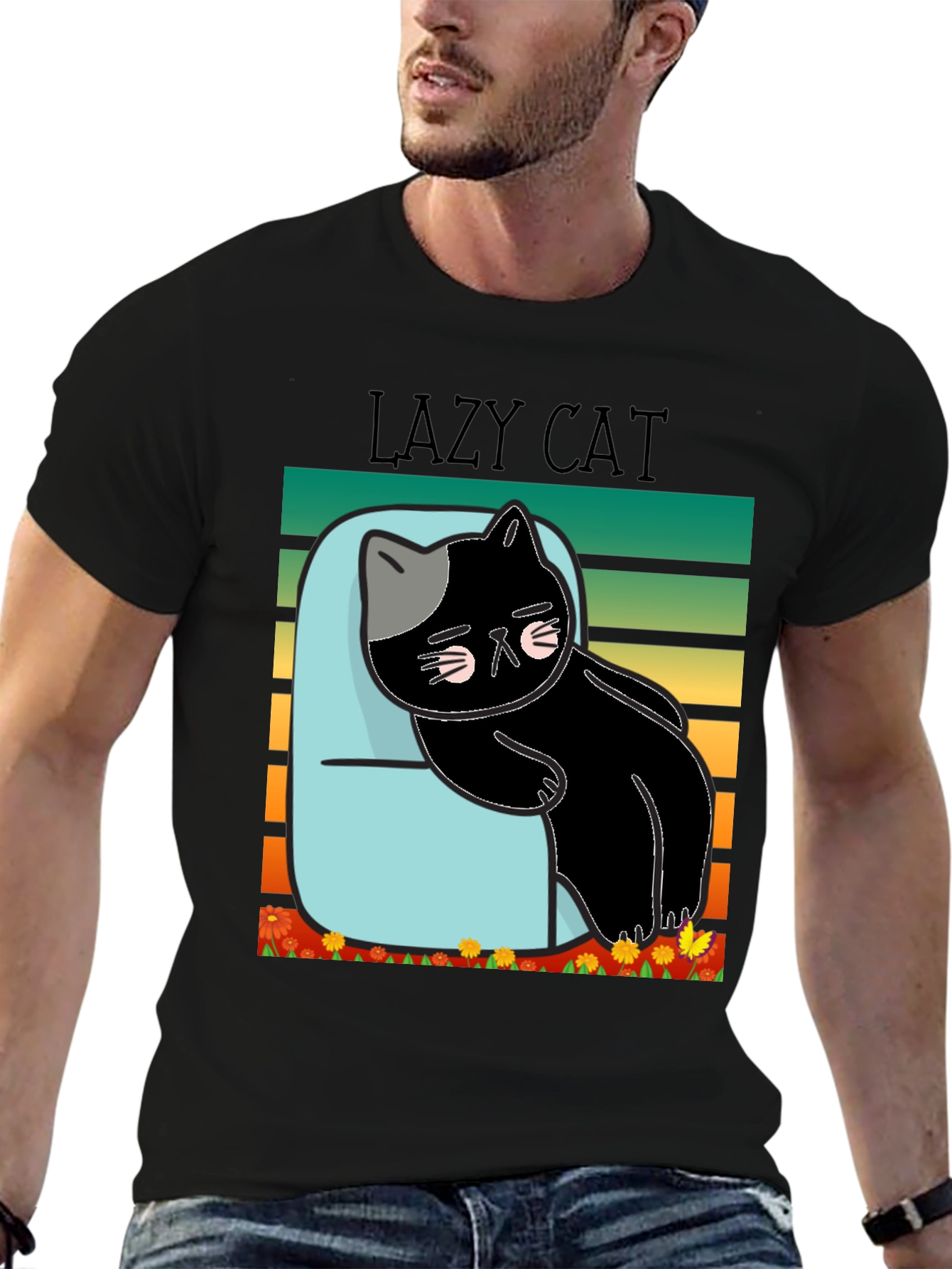 Black Lazy Cat T-Shirt - Black Cotton Tee view 6