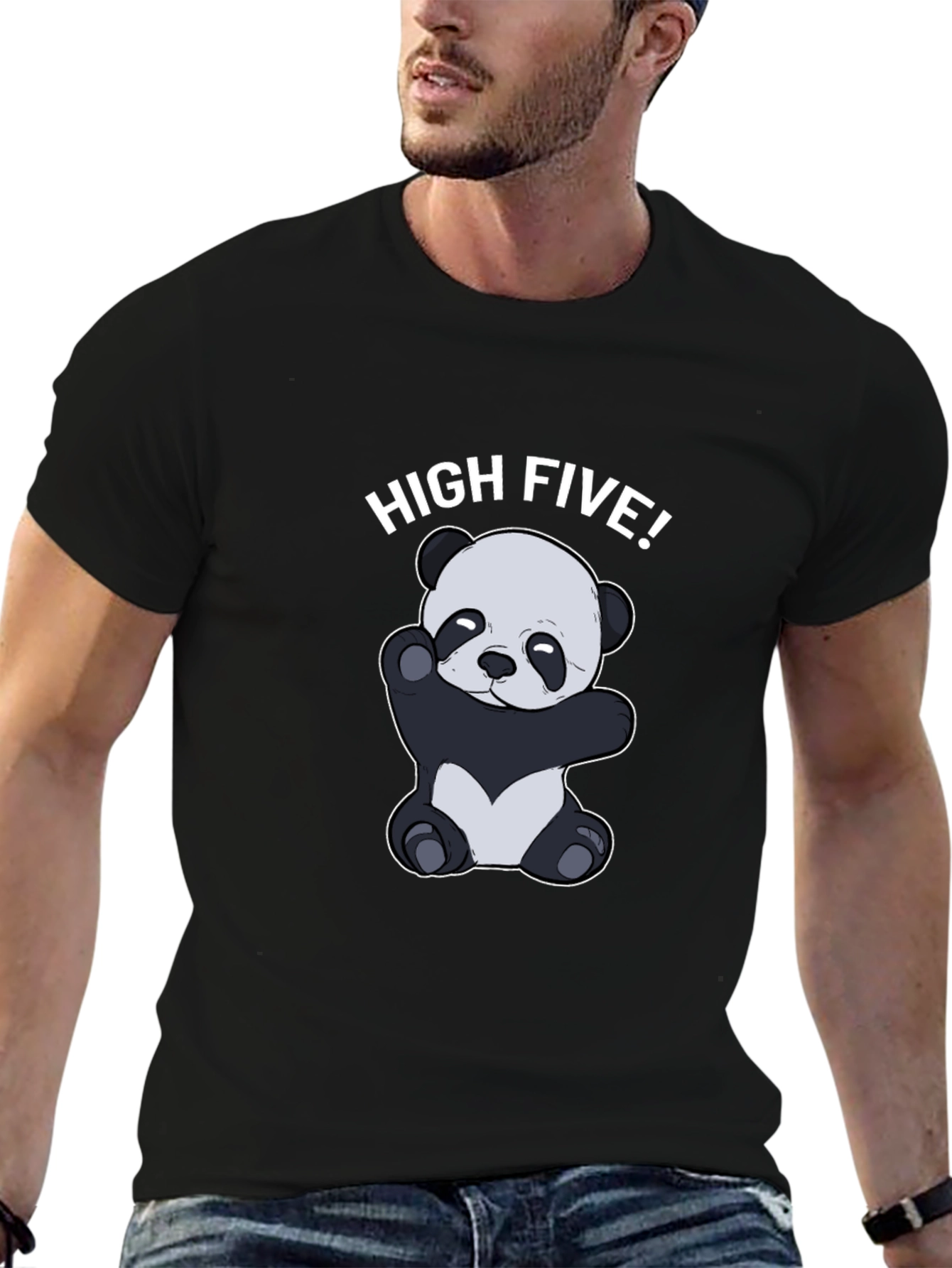Black Panda High Five Graphic Tee - Black Cotton T-Shirt view 6