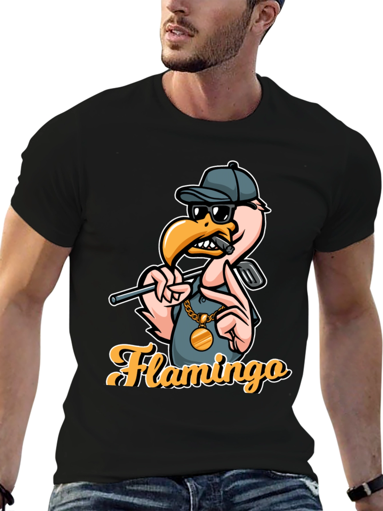 Black Cool Flamingo Golf T-Shirt view 6