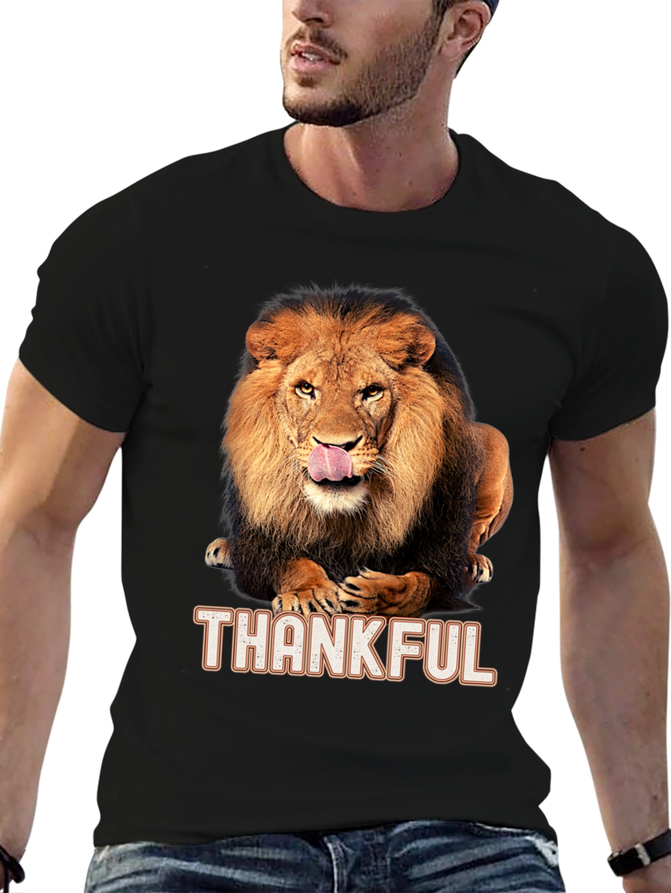 Black Thankful Lion Graphic T-Shirt - Men's Black Tee view 6
