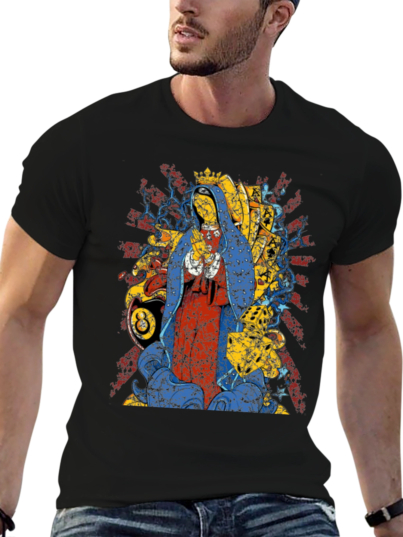 Black Graphic Tee - Virgin Mary & 8 Ball Design view 6