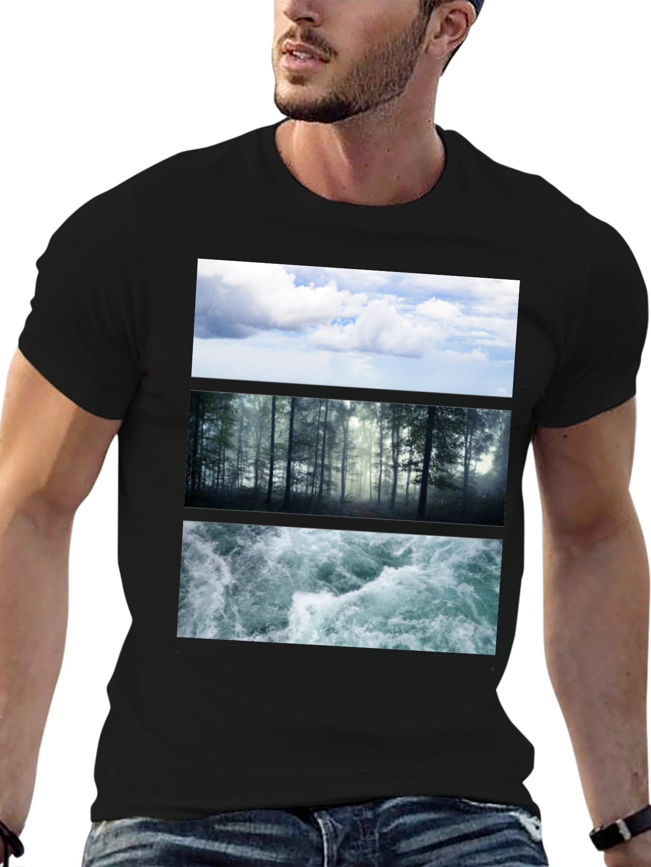 Black Nature Collage T-Shirt: Sky, Forest, Water Graphic Tee view 6