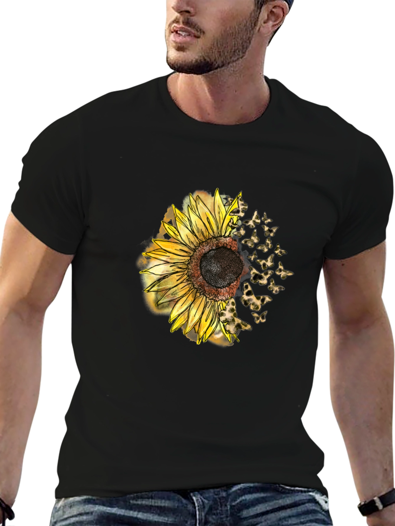 Black Sunflower Butterfly Men's Black T-Shirt view 6
