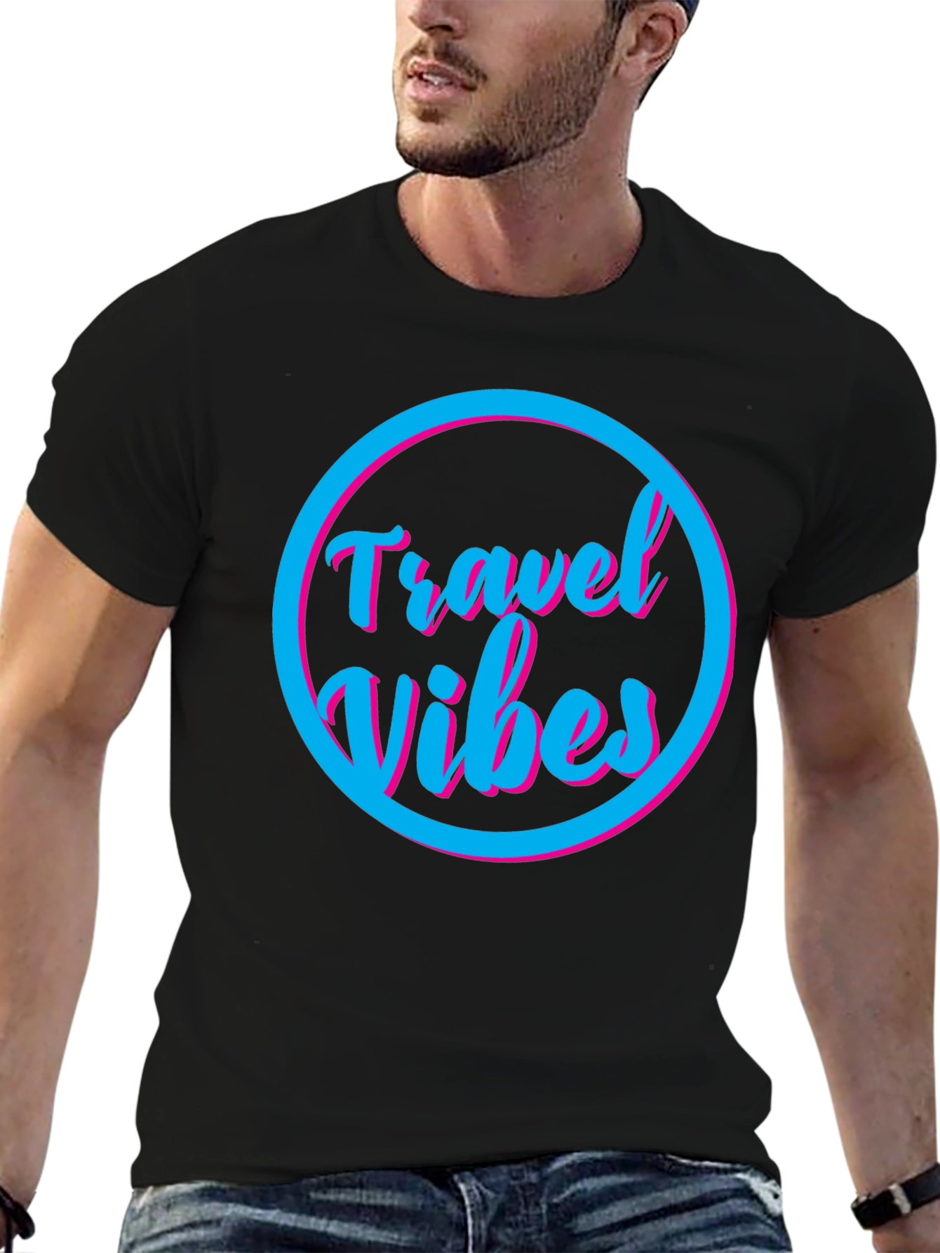 Black Travel Vibes Graphic Tee - Black Cotton T-Shirt view 6