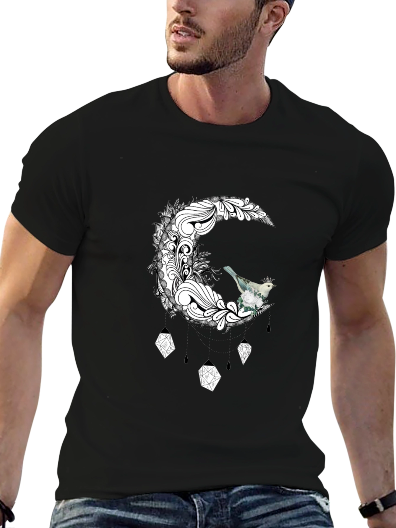 Black Black T-Shirt with Moon and Bird Graphic view 6