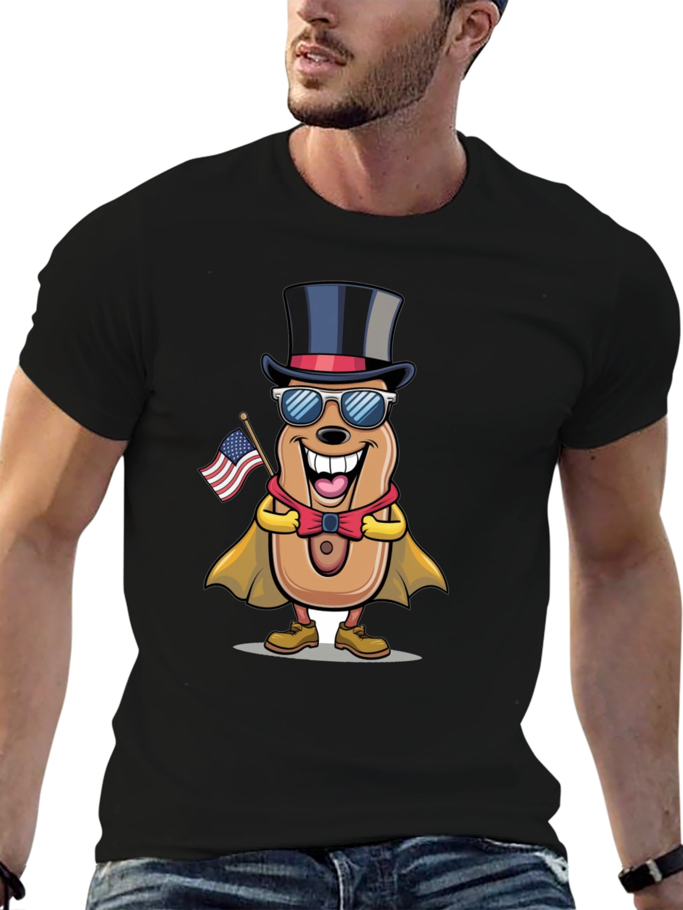 Black Patriotic Hot Dog Cartoon T-Shirt view 6