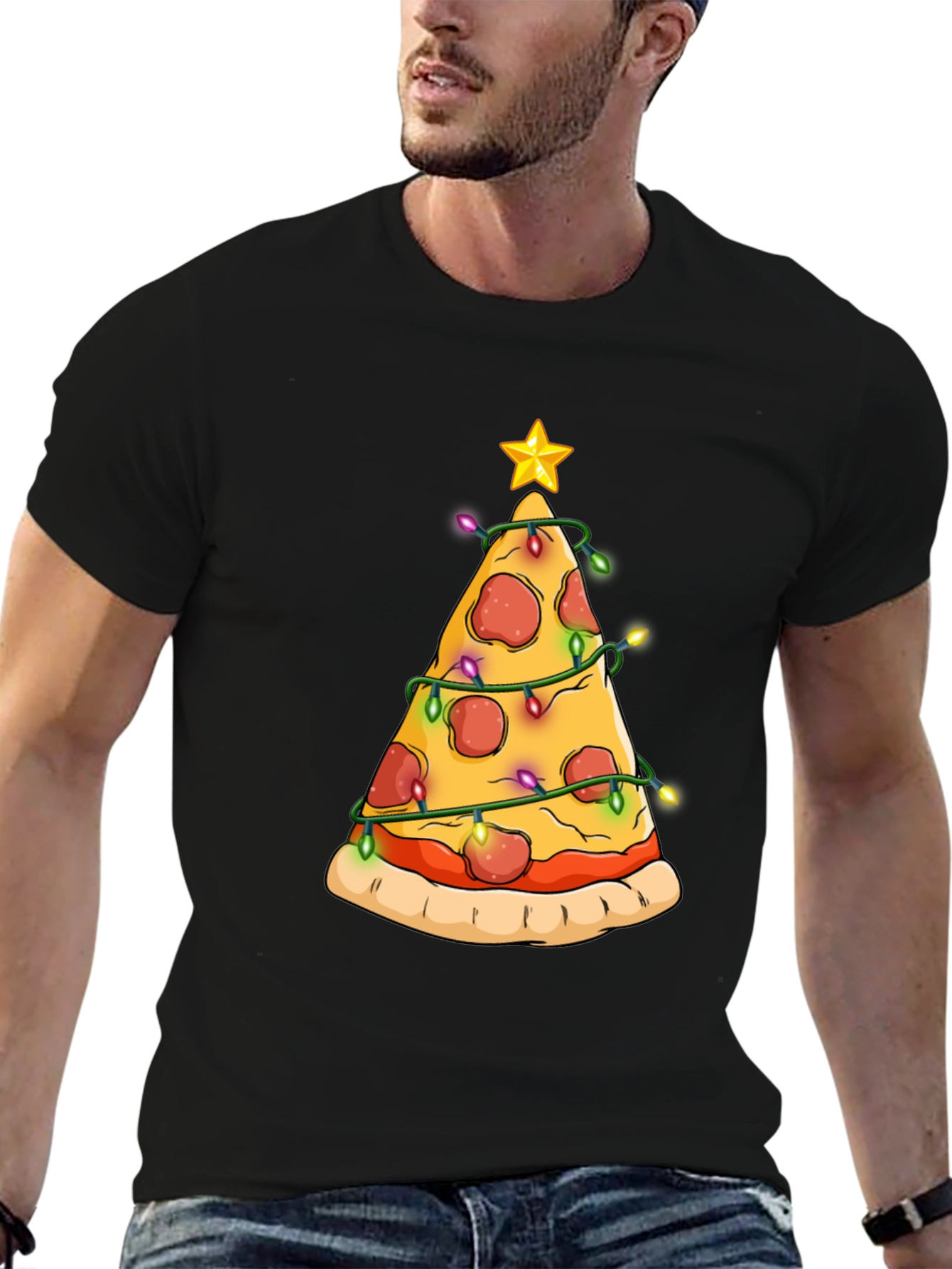 Black Pizza Christmas Tree T-Shirt view 6