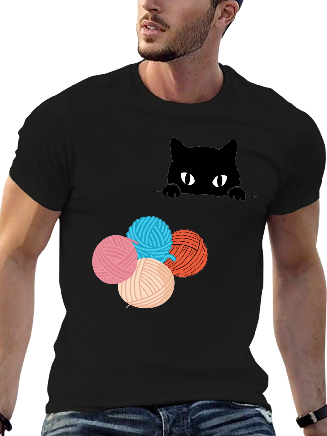 Black Cat Peek Yarn Ball T-Shirt view 6